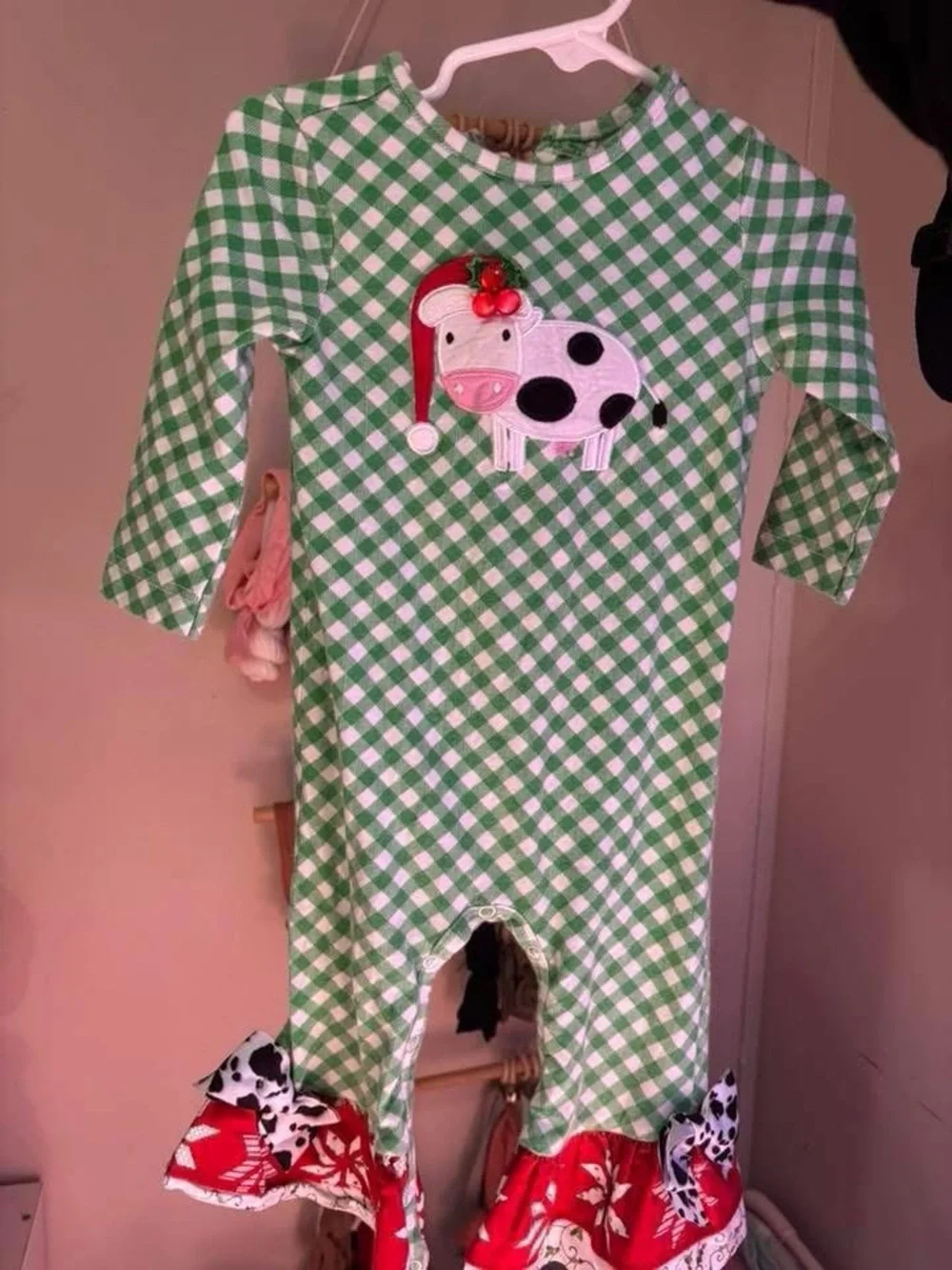 Green Gingham Baby Romper with Cow Applique